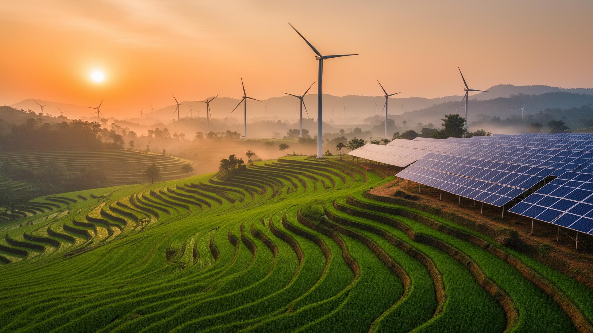 Wind turbines and solar panels above terraced fields at sunrise